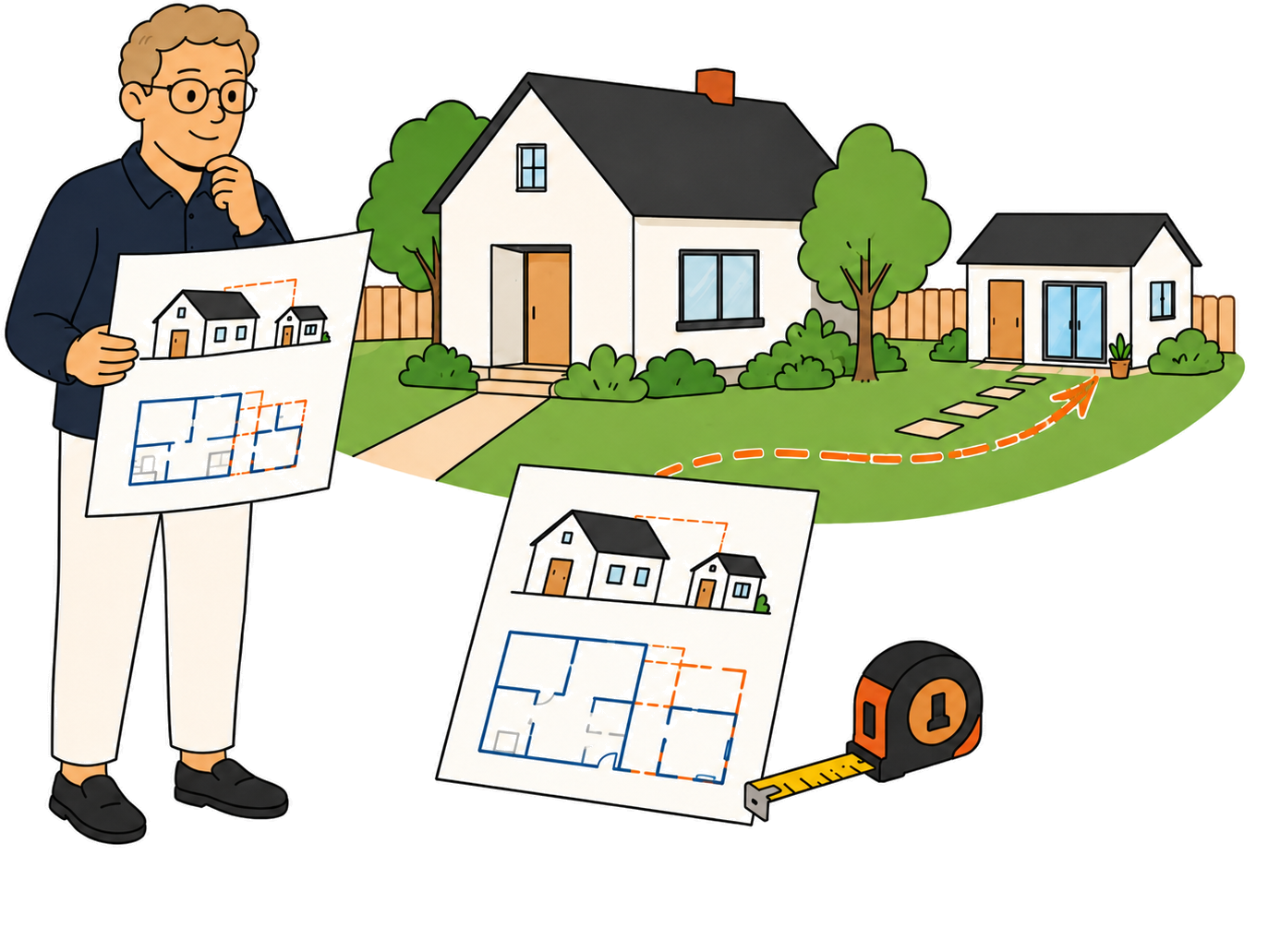Noah reviewing a main house, granny-flat concept, and plan notes for one property