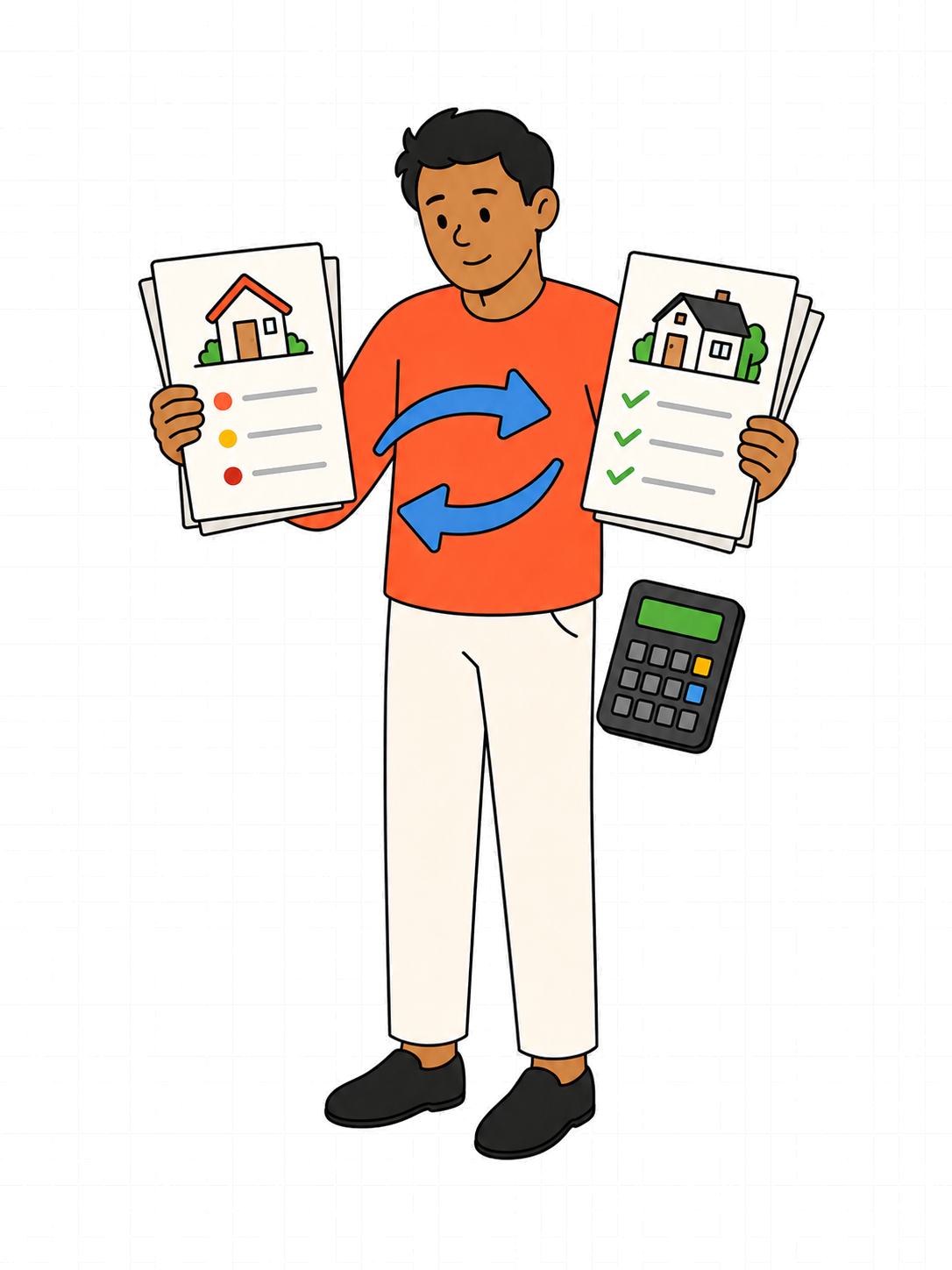 Arun comparing one current property setup against a refinance option with a calculator nearby