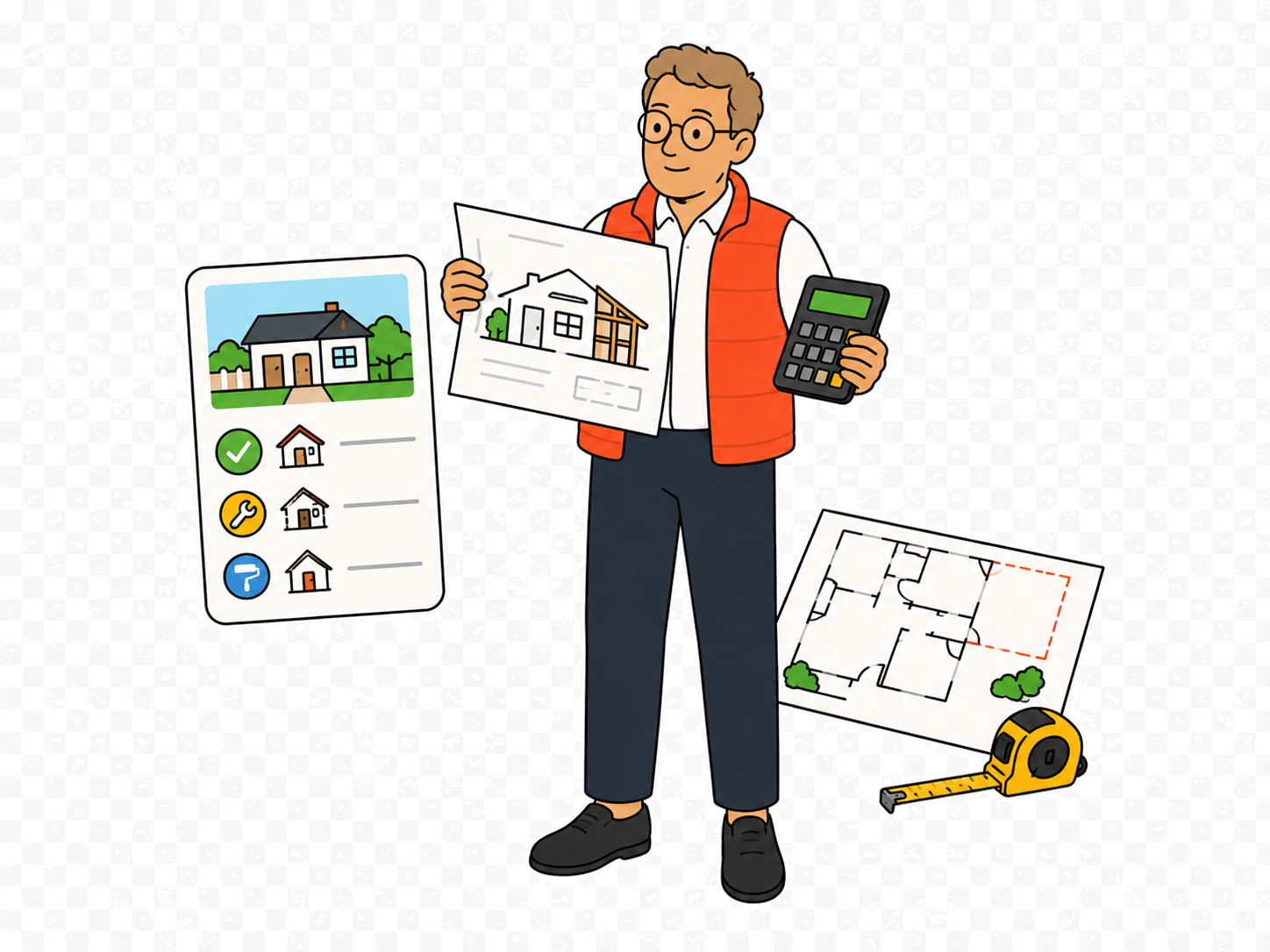 Noah reviewing a renovation sketch, budget notes, and floor plan for one property