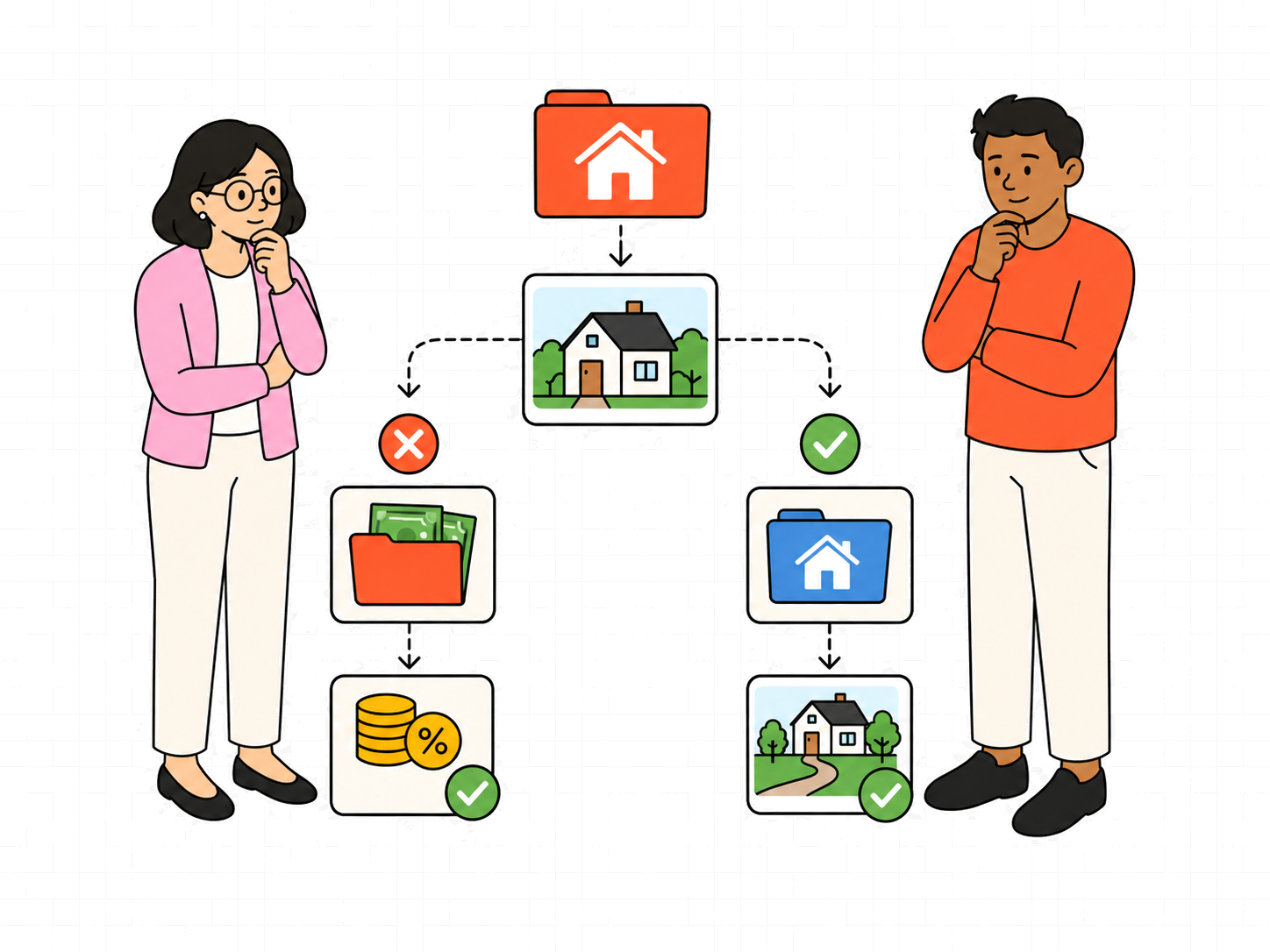 Mira and Arun comparing sell and hold property paths from one central property decision