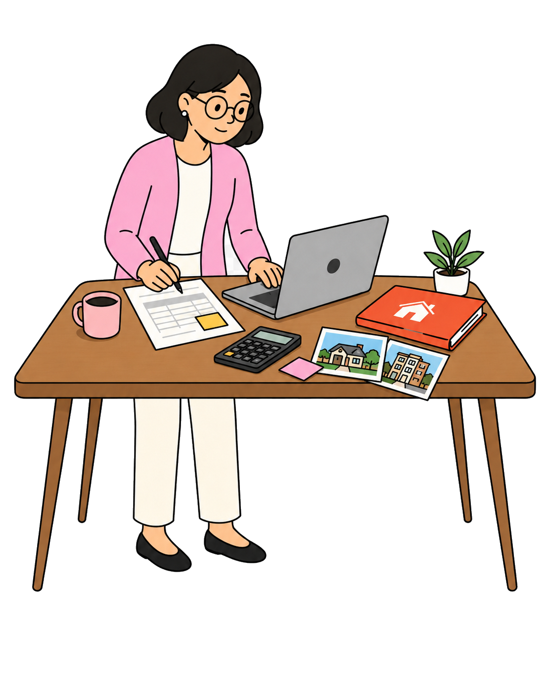 Mira entering property facts beside a laptop, calculator, property folder, and printed property photos