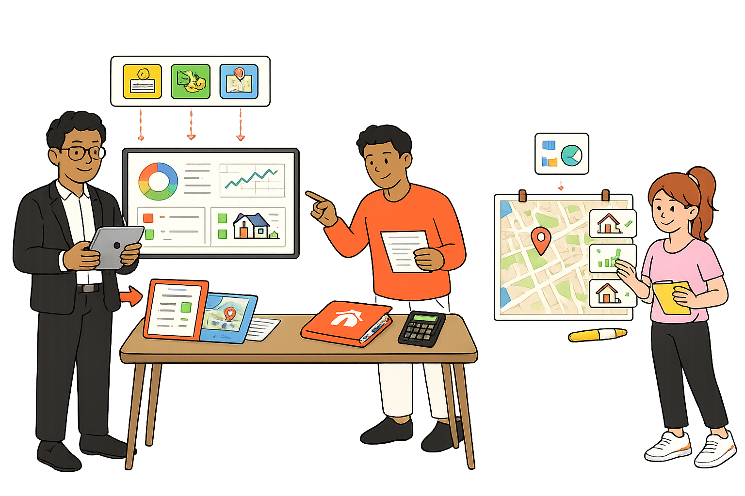 Theo, Arun, and Sienna reviewing one current property position across dashboard, tax notes, and suburb map context